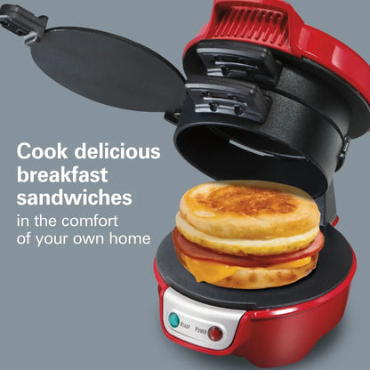 Breakfast Sandwich Maker with Egg Cooker Ring, Customize Ingredients, Red