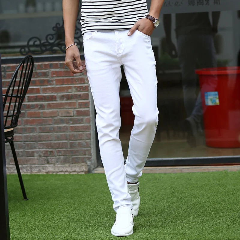Men's Elastic Slim White Jeans Pants Korean Fashion Youth Slim Fit Cargo Pants Classic Streetwear Mens Denim Trousers - TaMNz
