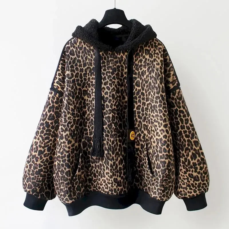 Fashion Hoodies Women Leopard Lamb Wool Hooded Coat 2024 Spring Autumn Trendy Plush Baseball Suit Korean Loose Thicken Hoodie