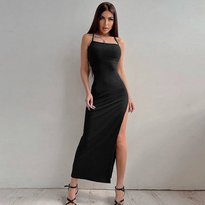 Sexy Solid Color Backless Slit Sling Dresses Summer Street Slim Fit Stretch Hip Covered Hot Girl Party Evening Black Midi Dress - TaMNz