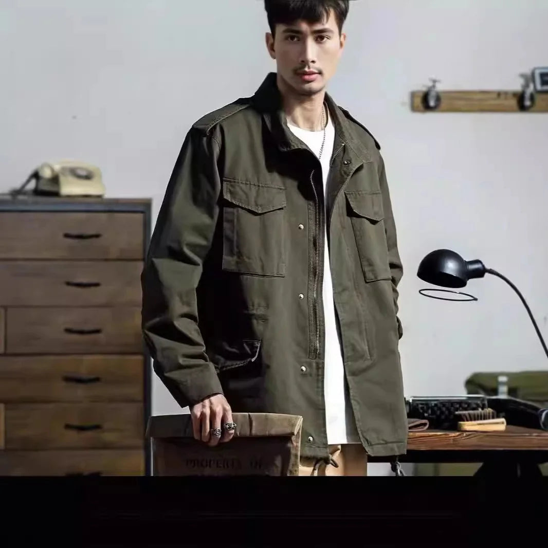 Retro Euro-America Jacket Ami Khaki Retro Workwear Men's Outwear Military Green Drawstring Jacket