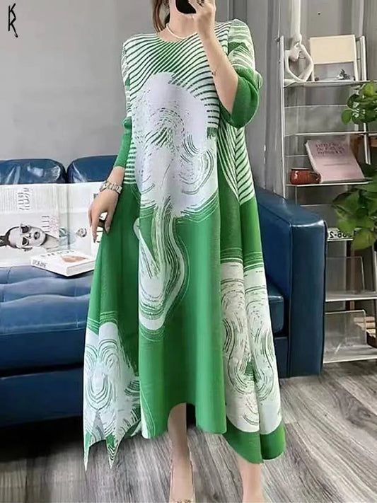 Miyake Pleated Dress Round-neck Three-quarter Sleeve Printed Skirt Slim Fashion Casual Commuter Dress Women - TaMNz