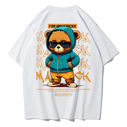 Cotton Fashion Bear Pattern Printed Men's T Shirt Round Neck Loose Tops Breathable Comfortable Casual Oversized Women Clothing - TaMNz