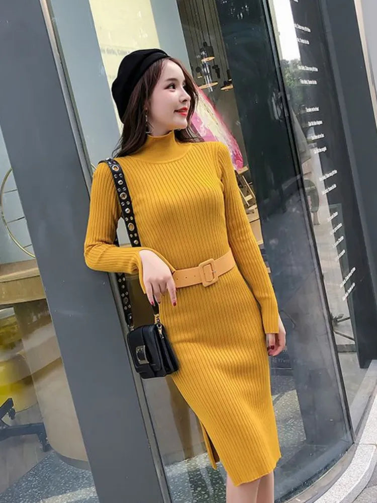 Knit Sexy Daring Women's Dresses Turtleneck Female Dress Split Clothing Bodycon Solid Cover Up Knee Length Midi Hot Thic Crochet - TaMNz