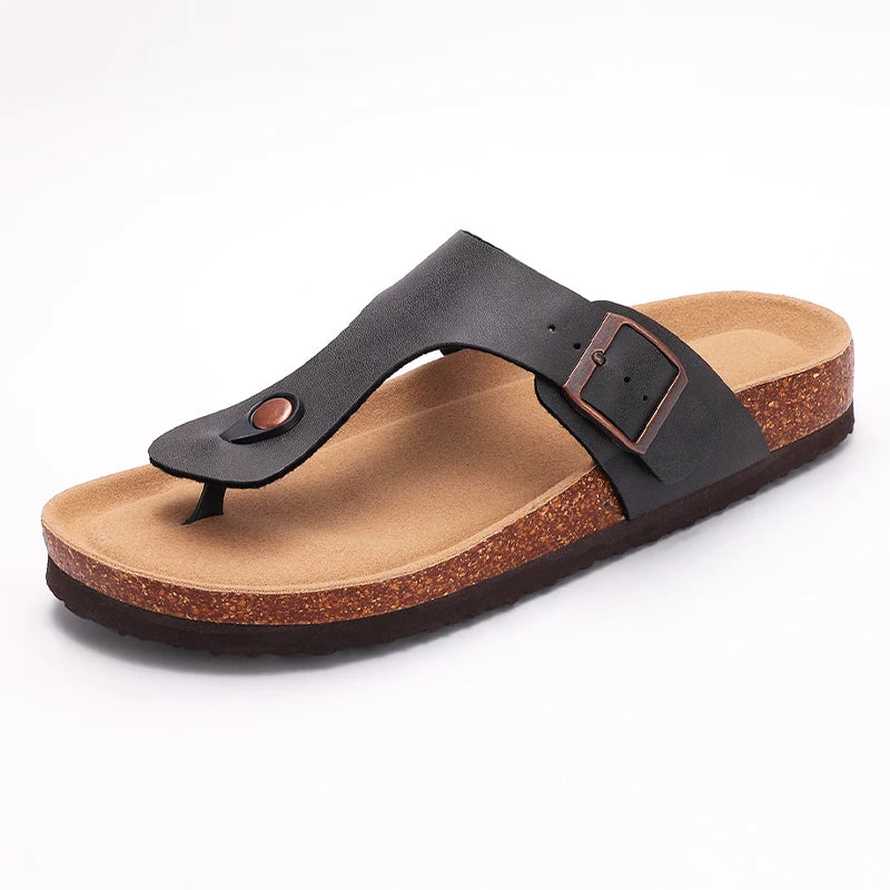 Comwarm 2024 Cork Flip Flops For Women Men Flats Sandals Leather Summer House Slides Open Toe Beach Shoes With Adjustable Buckle