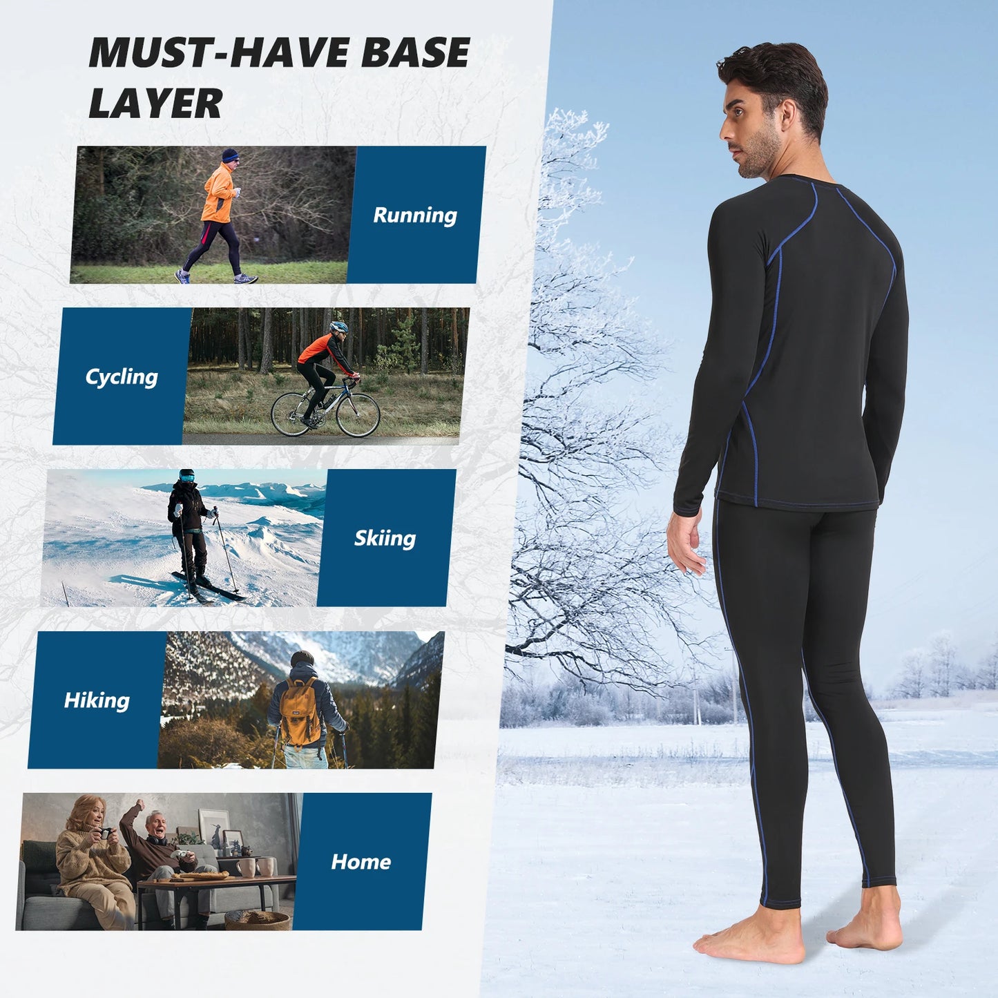 Thermal Underwear Set Mens Long Johns Quick Dry Base Layer with Fleece Lined Compression - TaMNz