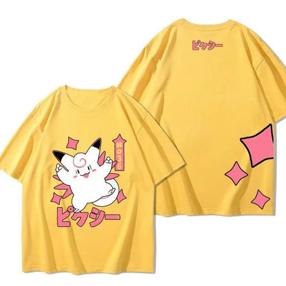 （Miniso) Pokemon Anime Clefable Jump Summer Cute Art Style Short Sleeved Loose Clothes Women Tshirts Trend Fashion Cartoon Tops