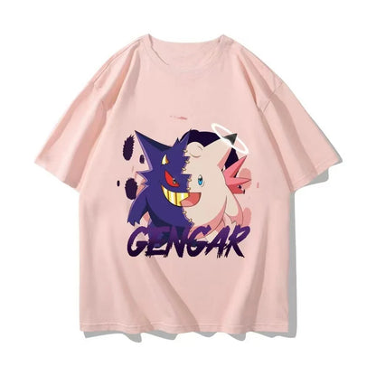 （Miniso) Pokemon Anime Gengar Clefable Summer Cute Art Style Short Sleeved Loose Clothes Women Tshirts Trend Fashion Cartoon Top