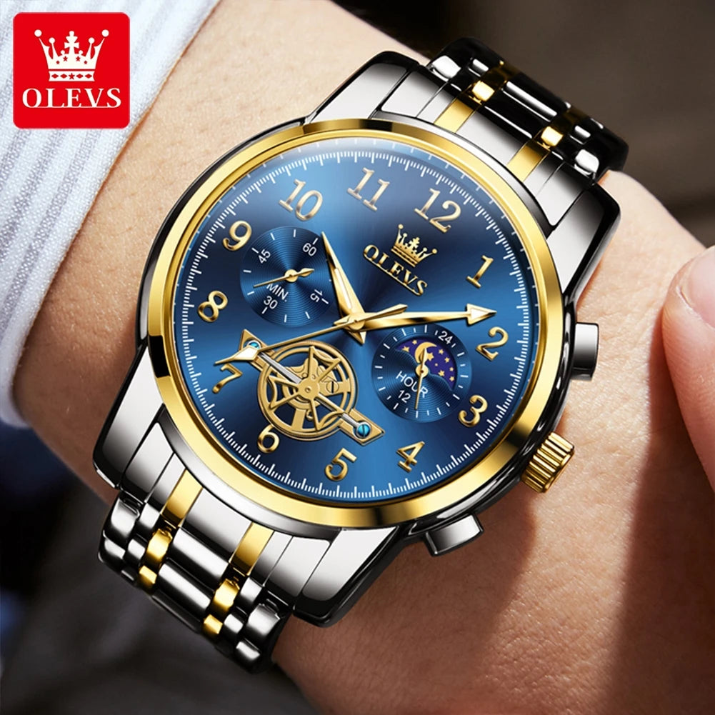 OLEVS 2900 Moon Phase Watch Men Stainless Steel Waterpoof Luminous  Fashion Skeleton Chronograph Quartz Wrist Watch for Men NEW