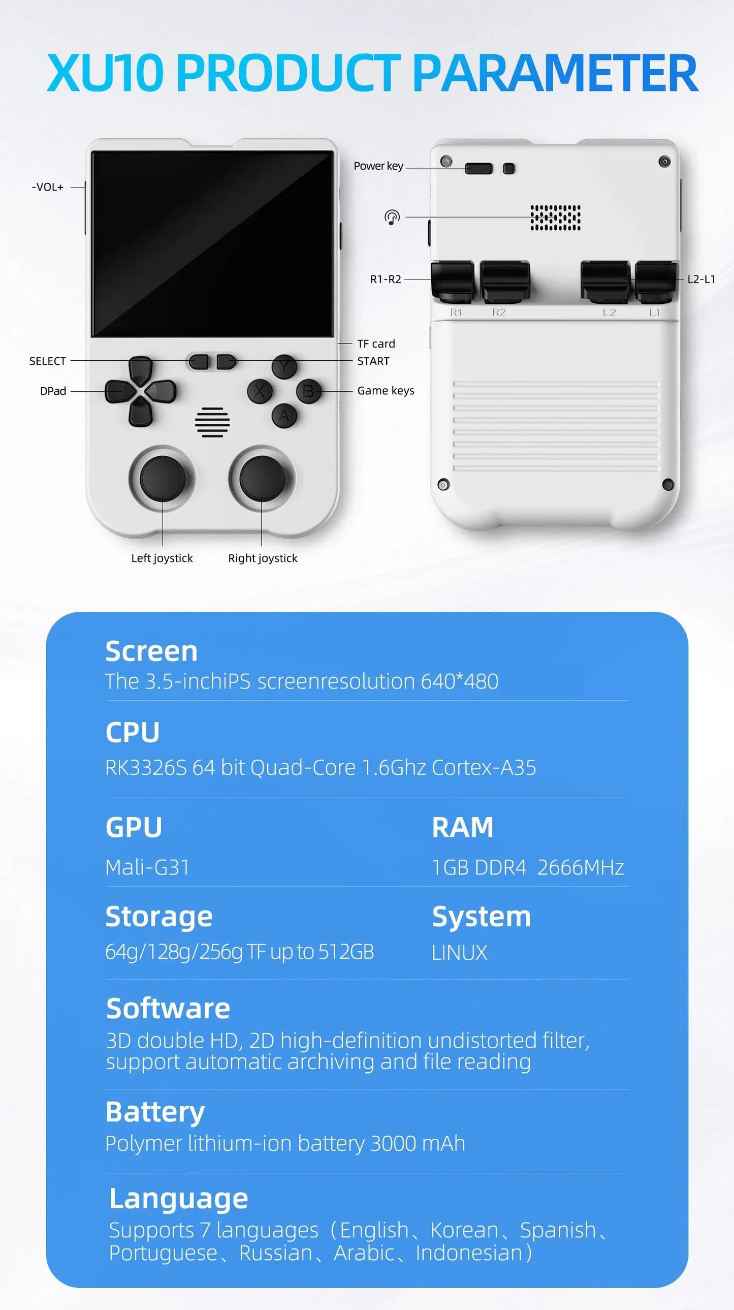 Ampown XU10 Handheld Game Console 3.5" IPS Screen 3000mAh Battery Linux System Built-in Retro Games Portable Video Game Console - TaMNz