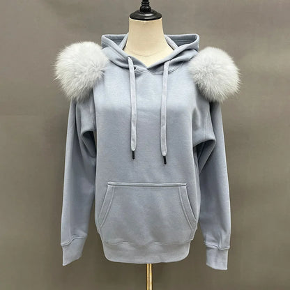 2022 New Arrival Autumn Winter Hoodie Women Fleece Pullover With Hood Real Fox Fur Lady Coat Jackets S5185 - Tamnz