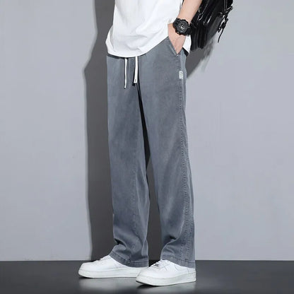 Summer Soft Lyocell Fabric Men's Jeans Thin Loose Straight Pants Drawstring Elastic Waist Korea Casual Trousers Plus Size M-5XL - TaMNz
