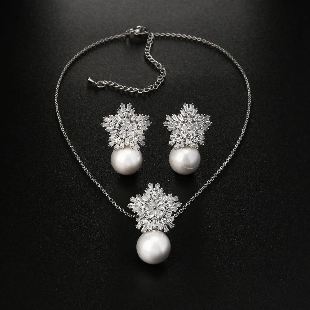 Classic Fashion Snowflake Zircon with Pearl Earrings Necklaces Jewelry Sets for Elegant Women Dinner Accessories - TaMNz
