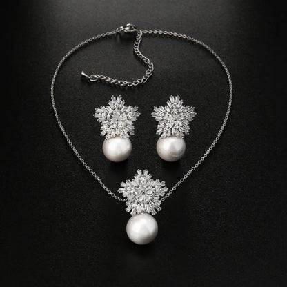 Classic Fashion Snowflake Zircon with Pearl Earrings Necklaces Jewelry Sets for Elegant Women Dinner Accessories - TaMNz