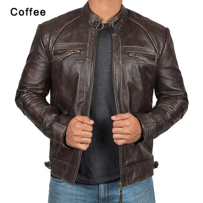 Plus Size Jacket S-5XL Men's Autumn Winter Leather Jacket Casual Stand Collar Motorcycle Biker Coat Zip Up Outwear - Tamnz