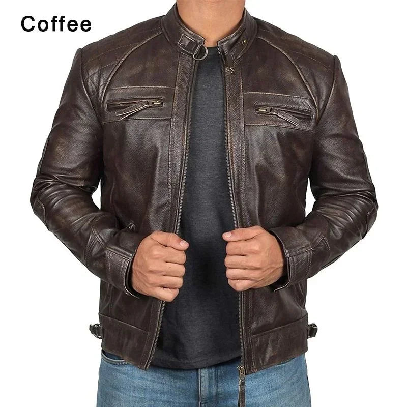 Plus Size Jacket S-5XL Men's Autumn Winter Leather Jacket Casual Stand Collar Motorcycle Biker Coat Zip Up Outwear