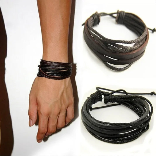 Delysia King Leisure Fashion Men's Hand-woven Multilayer Leather Bracelet Handmade Lace Up Wrist Strap - TaMNz