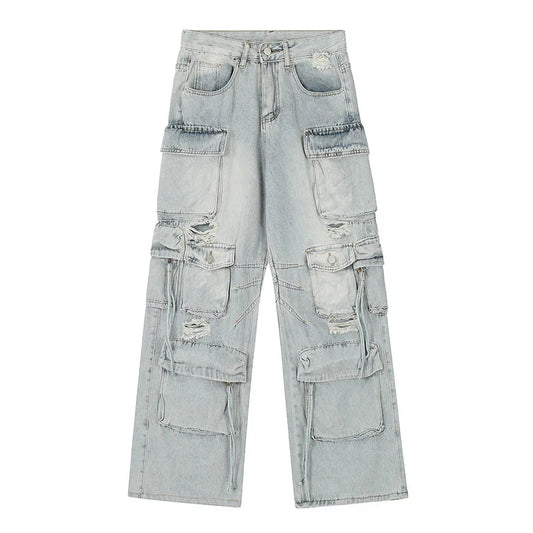 Vintage Hi Street Ripped Casual Jeans Pants Men Harakuju Washed Baggy Denim Trousers Multi Pockets - TaMNz
