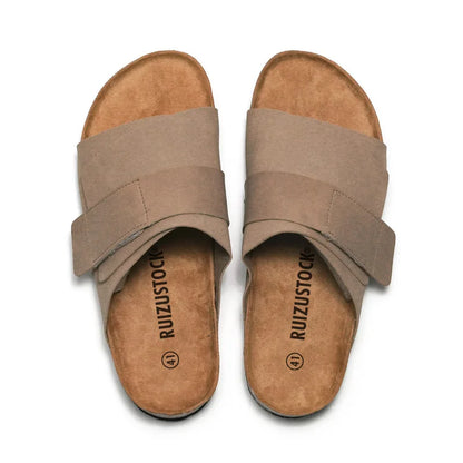 Comwarm Fashion Cork Footbed Sandals Women Classic Cozy Leather Slippers Unisex Beach Slippers With Arch Support Home Sandals