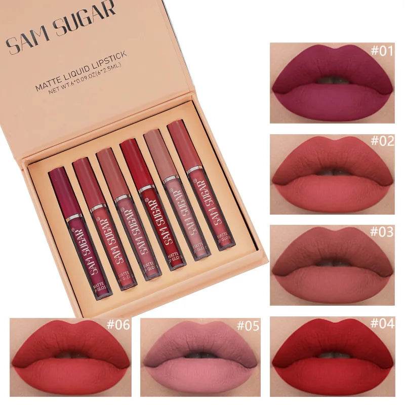 SAM SUGAR Long-Lasting Waterproof Non-stick Cup sexy colors Matte Mist Top 6 Lip gloss set Easy Color silky texture Lip glaze - Tamnz