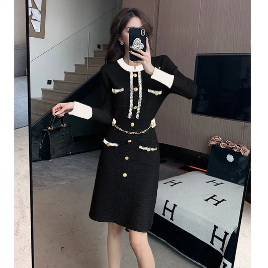Autumn Winter Fashion Knitted Women Midi Dresses with Long Sleeved O-neck Elegant Chic Office Lady Party Prom Dress - TaMNz