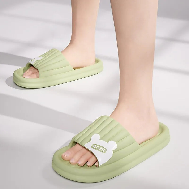 Feslishoet Cartoon Bear Summer Slippers Non Slip Bathroom Floor Flat Ladies Shoes Thick Bottom Slides Indoor and Outdoor - TaMNz