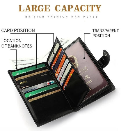 High Capacity Men's Passport Leather Wallet Multiple Card Slots and A Clear ID Window Vintage Business Card Bag