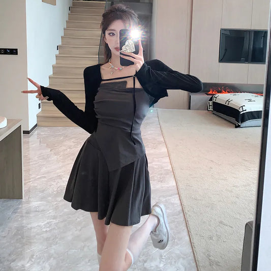 Black Slim Mini Dress for Women Long Sleeved Sunscreen Cardigan Elegant Chic Office Lady Dresses Korean - TaMNz