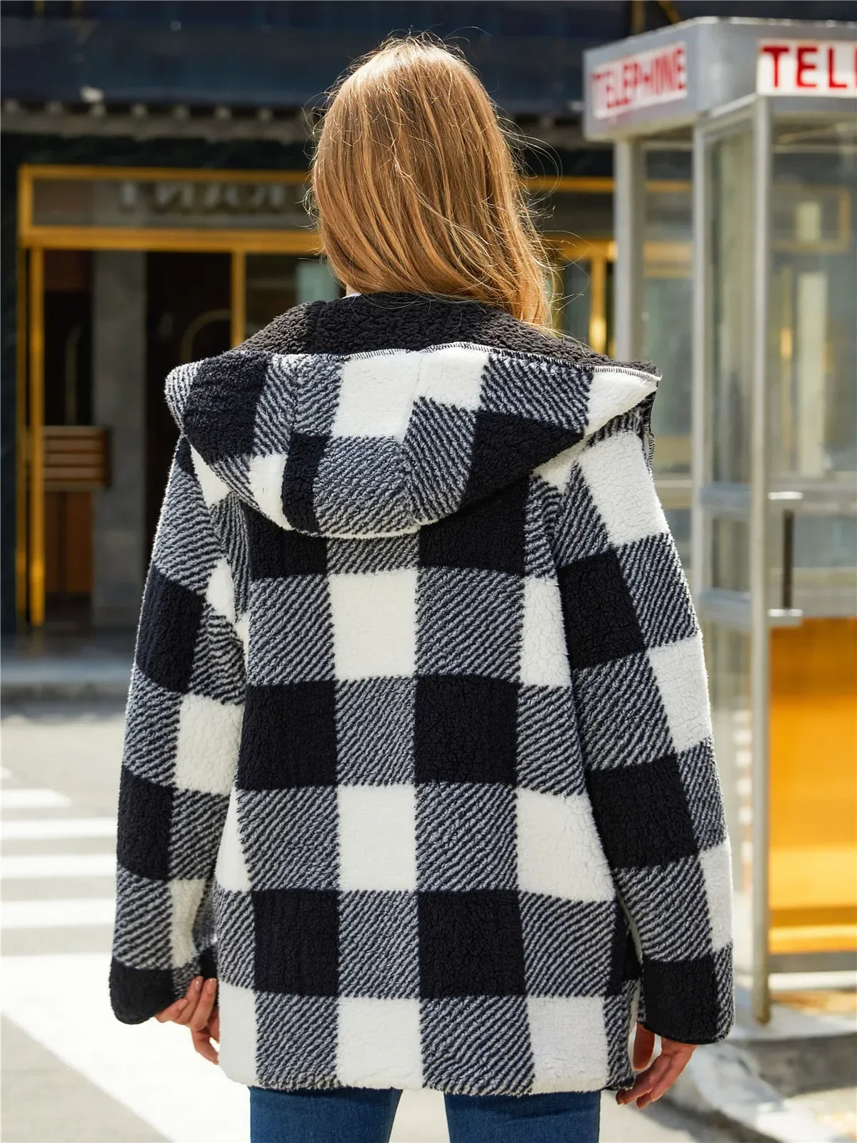 Winter Coats Thick Warm Clothing Casual Hooded Bubble Velvet Black White Plaid Jacket - TaMNz