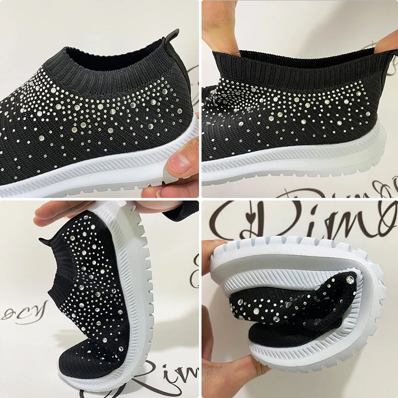Rimocy Crystal Breathable Mesh Sneaker Shoes for Women Comfortable Soft Bottom Flats - TaMNz