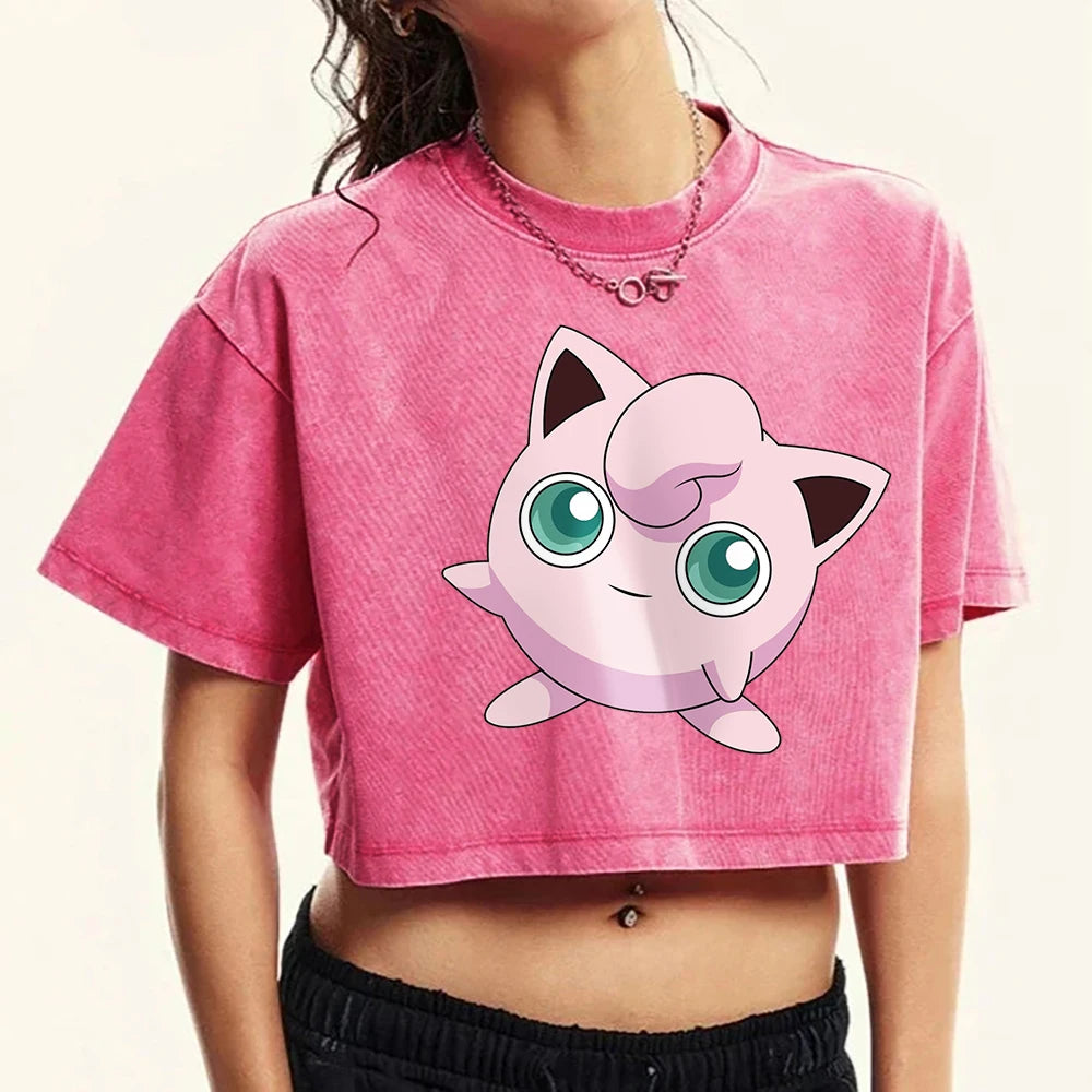 Jigglypuff プリン Japanese Tee Clothing Womens Summer American Retro Cotton Casual Tee Shirt Humor Breathable T-Shirt Crop Soft