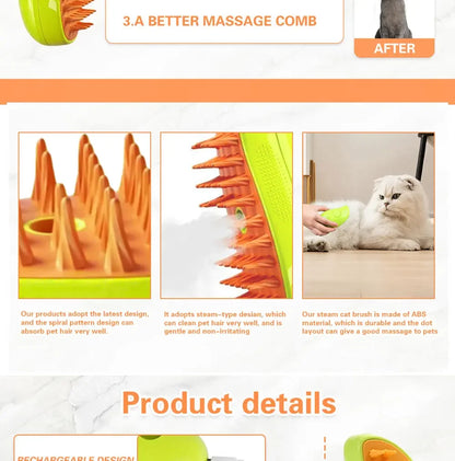 Steamy Dog Brush Electric Spray Cat Hair Brush 3 in1 Dog Steamer Brush for Massage Pet Grooming Removing Tangled and Loose Hair