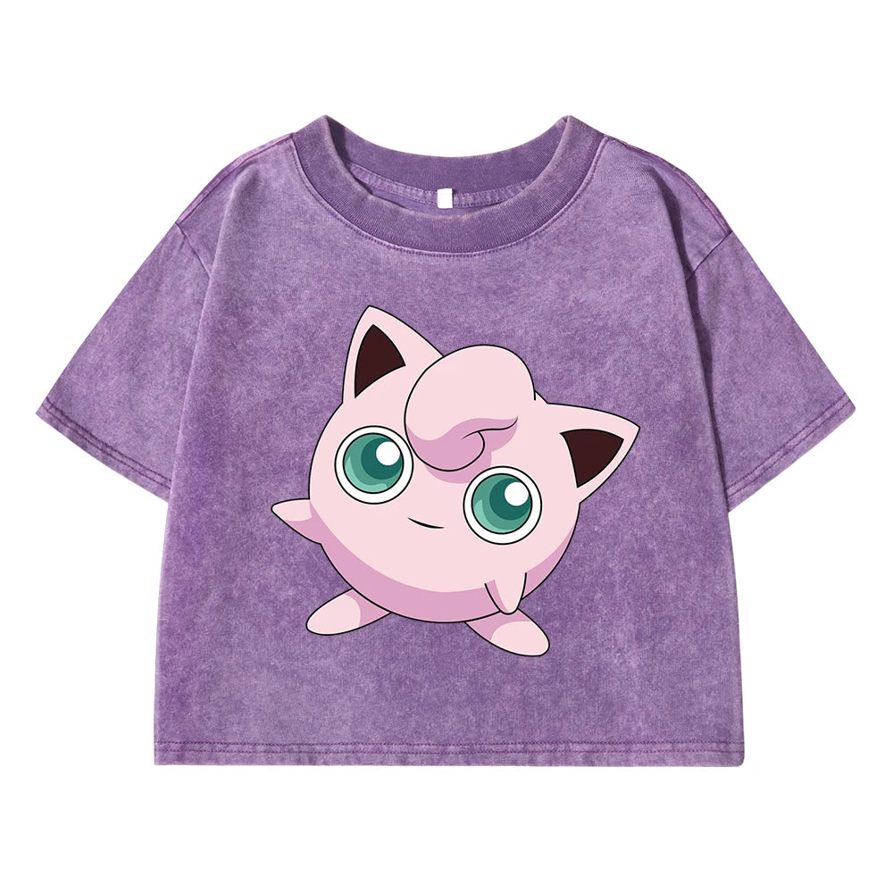 Jigglypuff プリン Japanese Tee Clothing Womens Summer American Retro Cotton Casual Tee Shirt Humor Breathable T-Shirt Crop Soft