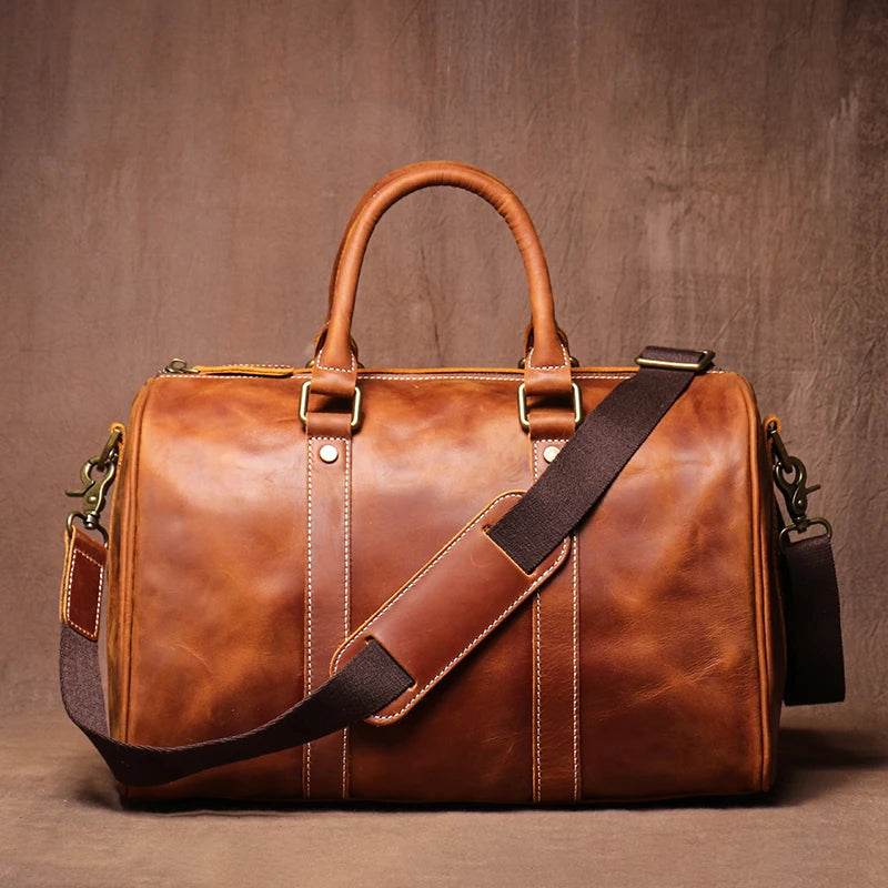 LUOKIR Men's Genuine Leather Handbag Vintage Crazy Horse Short Travel Bag Women's Fitness Luxury Shoulder Messenger Luggage Bags - Tamnz