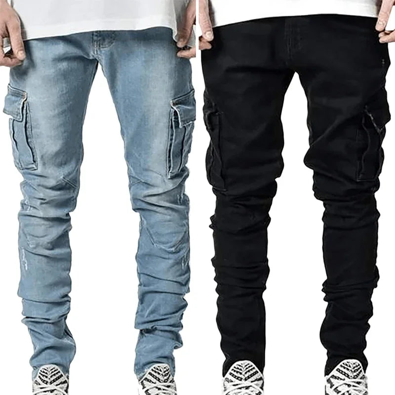 Jeans Men Pants Wash Solid Color Multi Pockets Denim Mid Waist Cargo Jeans Plus Size Fahsion Casual Trousers Male Daily Wear - TaMNz