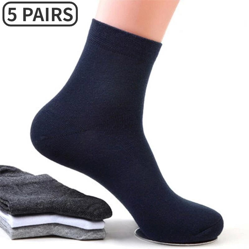 5 Pairs/Lot Men Business Socks Middle Tube Solid Color Black White Gray Breathable Casual Cotton Male Crew Socks Soft Calcetines - TaMNz