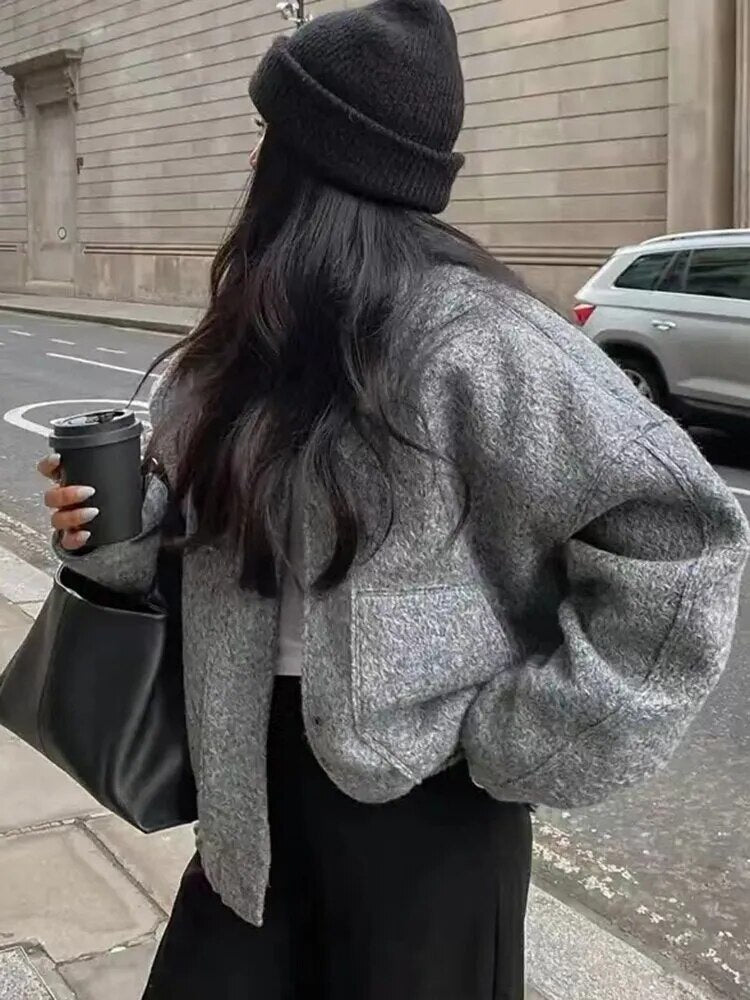 Autumn Winter Gray Casual Women Jacket Fashion Outerwear Chic Lady Bomber Coat Winter Thick Top - TaMNz