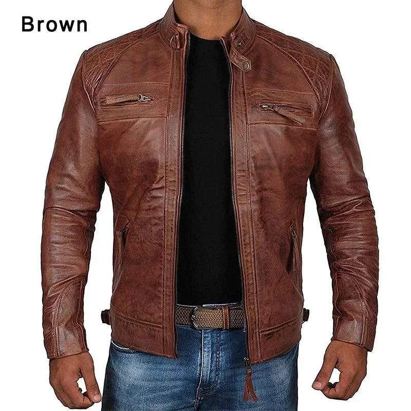 Plus Size Jacket S-5XL Men's Autumn Winter Leather Jacket Casual Stand Collar Motorcycle Biker Coat Zip Up Outwear