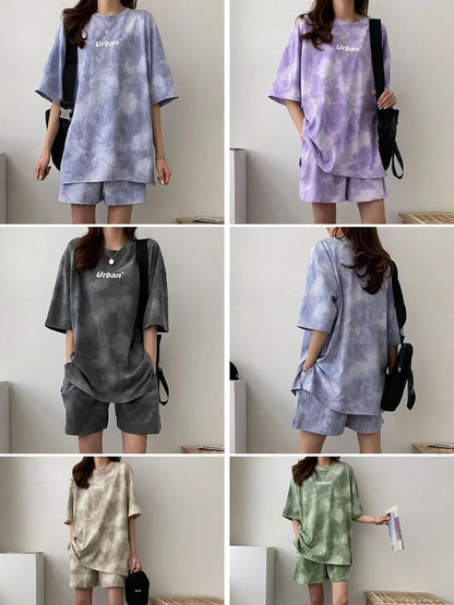 T-Shirt Shorts Set Tie Dye Loose tshirt and wide leg middle shorts summer - TaMNz
