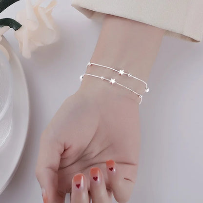 Luxury 925 Sterling Silver Star Beaded Bracelets For Women Original Designer Double Layered Adjustable Bracelet Party Jewelry