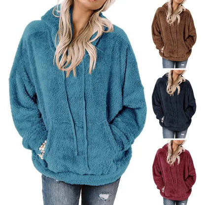 Winter Women Solid Color Fluffy Fleece Hooded Coat Pullover Fur Hoodie Warm Baggy Sweatshirt Male Jacket Putwear