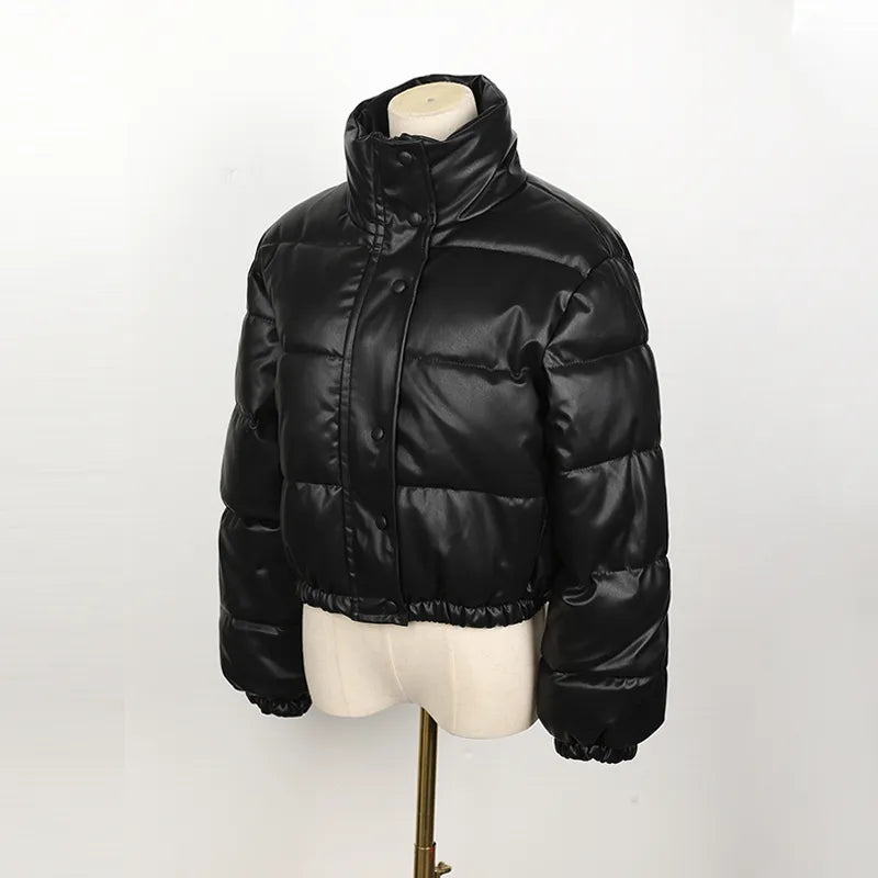 Winter Parka Coat Women's Jacket Thick Warm Women Fashion Black PU Leather Coats Women Elegant Zipper Faux Leather Jackets Tops - TaMNz