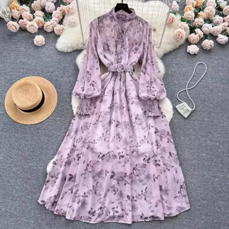 Autumn Winter Women Stand Collar Puff Sleeve Long Dress Casual Floral Print Dress Elegant Lady Chiffon A-line Dress - Tamnz