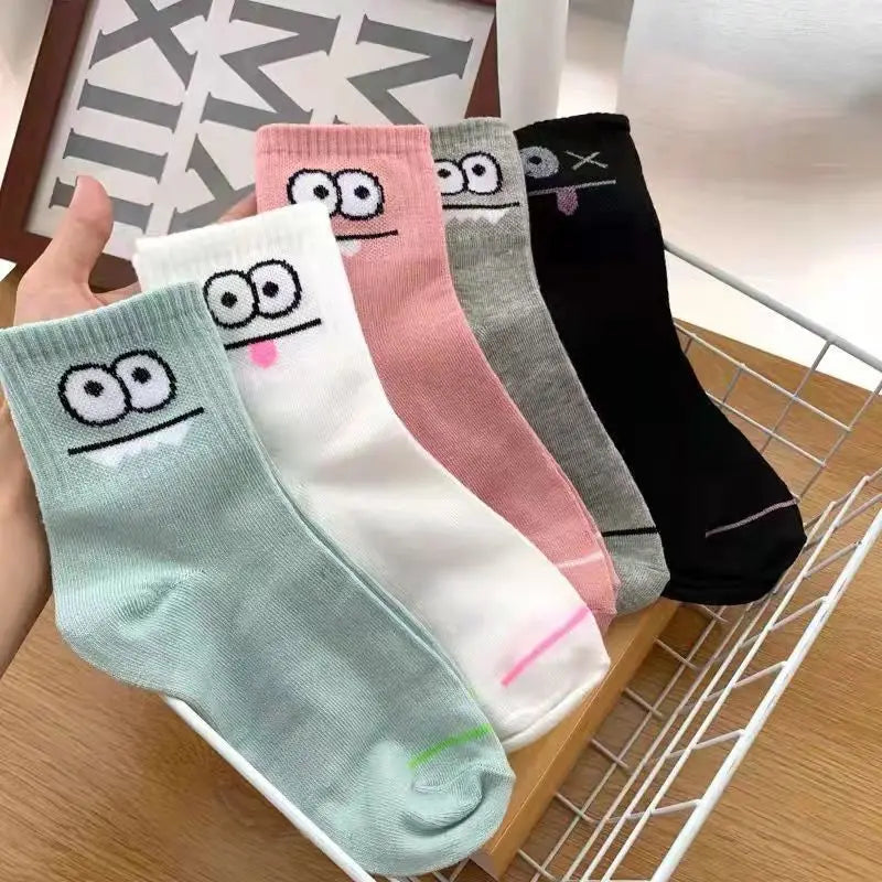 5 Pairs Cute Expression Print Socks, Comfy & Funny All-match Mid Tube Socks, Women's Stockings & Hosiery - TaMNz