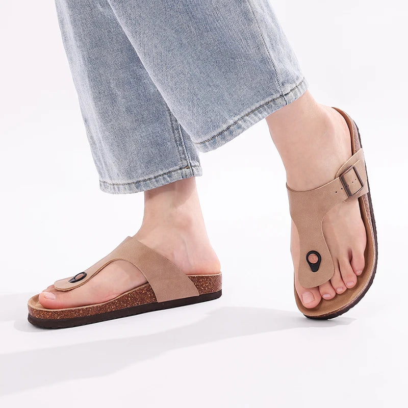 Comwarm 2024 Cork Flip Flops For Women Men Flats Sandals Leather Summer House Slides Open Toe Beach Shoes With Adjustable Buckle