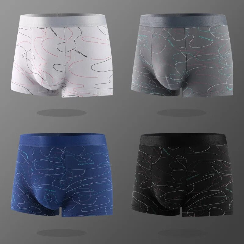 Man Boxers Line Printed Underpants U Convex Panties Fashion Comfortable Shorts Mens Solid Breathable Underwear Large Size 100kg - TaMNz