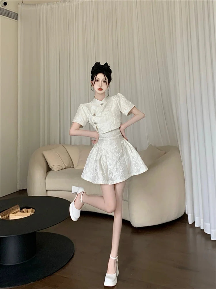 Vintage Cheongsam Top and Fluffy Suspender Dress 2 Pieces Sets for New Summer Two Pieces Women Clothing - TaMNz