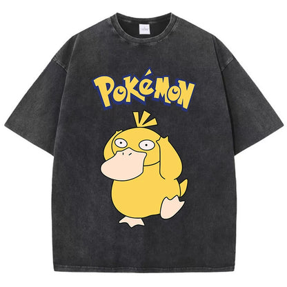 Pokemon Psyduck Girl T-Shirts Summer American Retro Cotton T-Shirt Funny O-Neck Preppy Style Oversizedheavyweightshort Sleeved