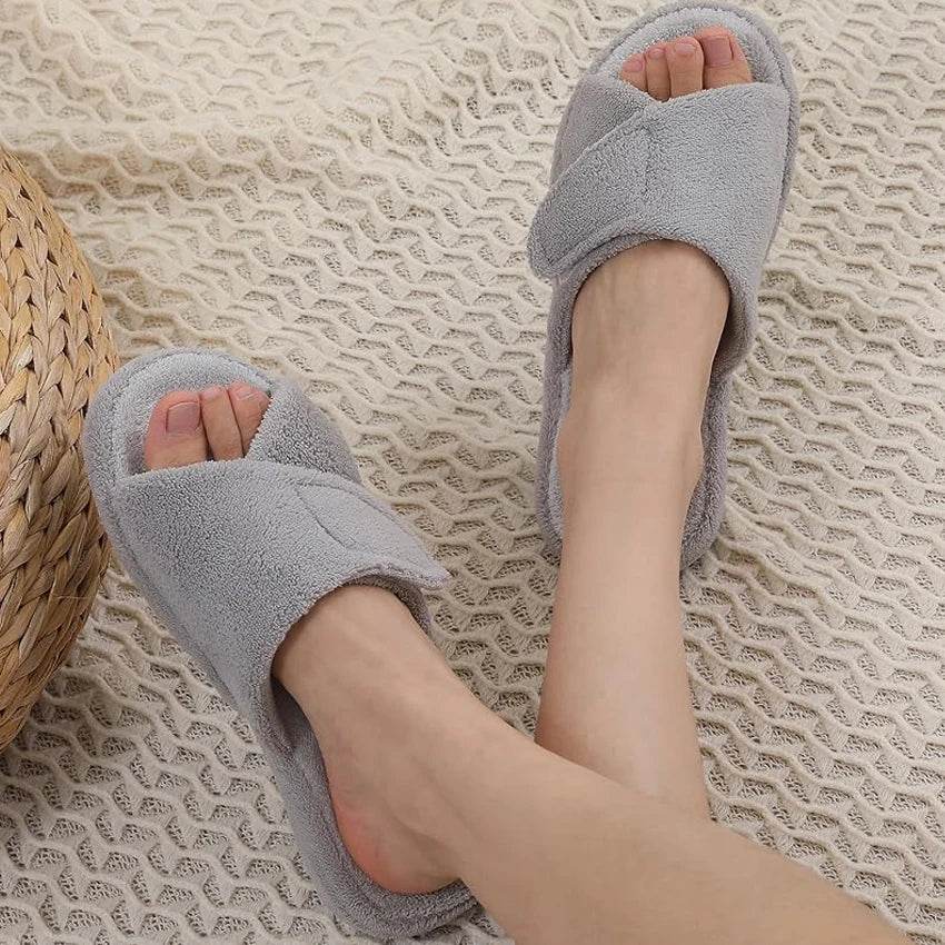 Comwam Four Seasons Arch Support Cotton Slippers Women Adjustable Terry Cloth Fuzzy Indoor Slippers Open Toe House Flats Shoes - Tamnz