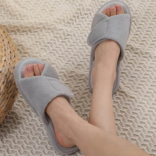 Comwam Four Seasons Arch Support Cotton Slippers Women Adjustable Terry Cloth Fuzzy Indoor Slippers Open Toe House Flats Shoes